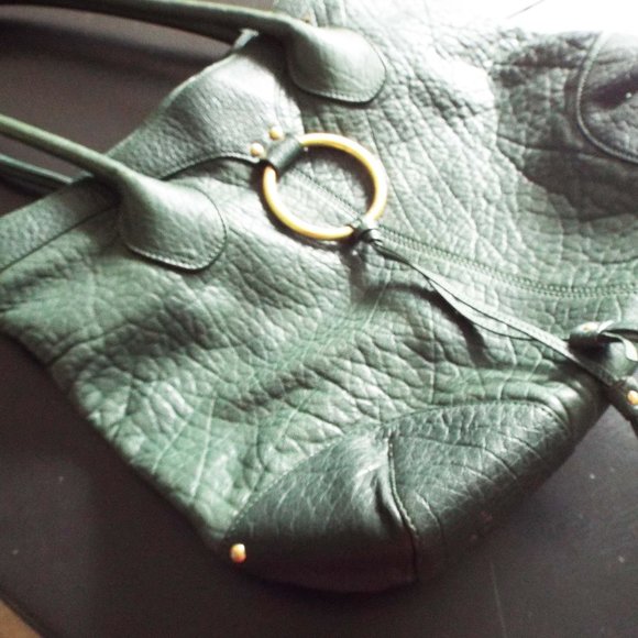 THE SAK PINK LABEL MOSS GREEN THICK LUXURY LEATHER BUCKET POUCH HOBO HANDBAG - Picture 4 of 8